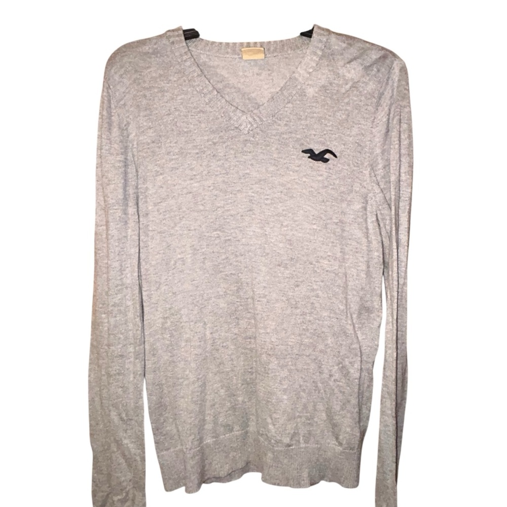 Hollister Men’s‎ Y2K Gray V-Neck Logo Sweater Size XL Lightweight Cotton Blend